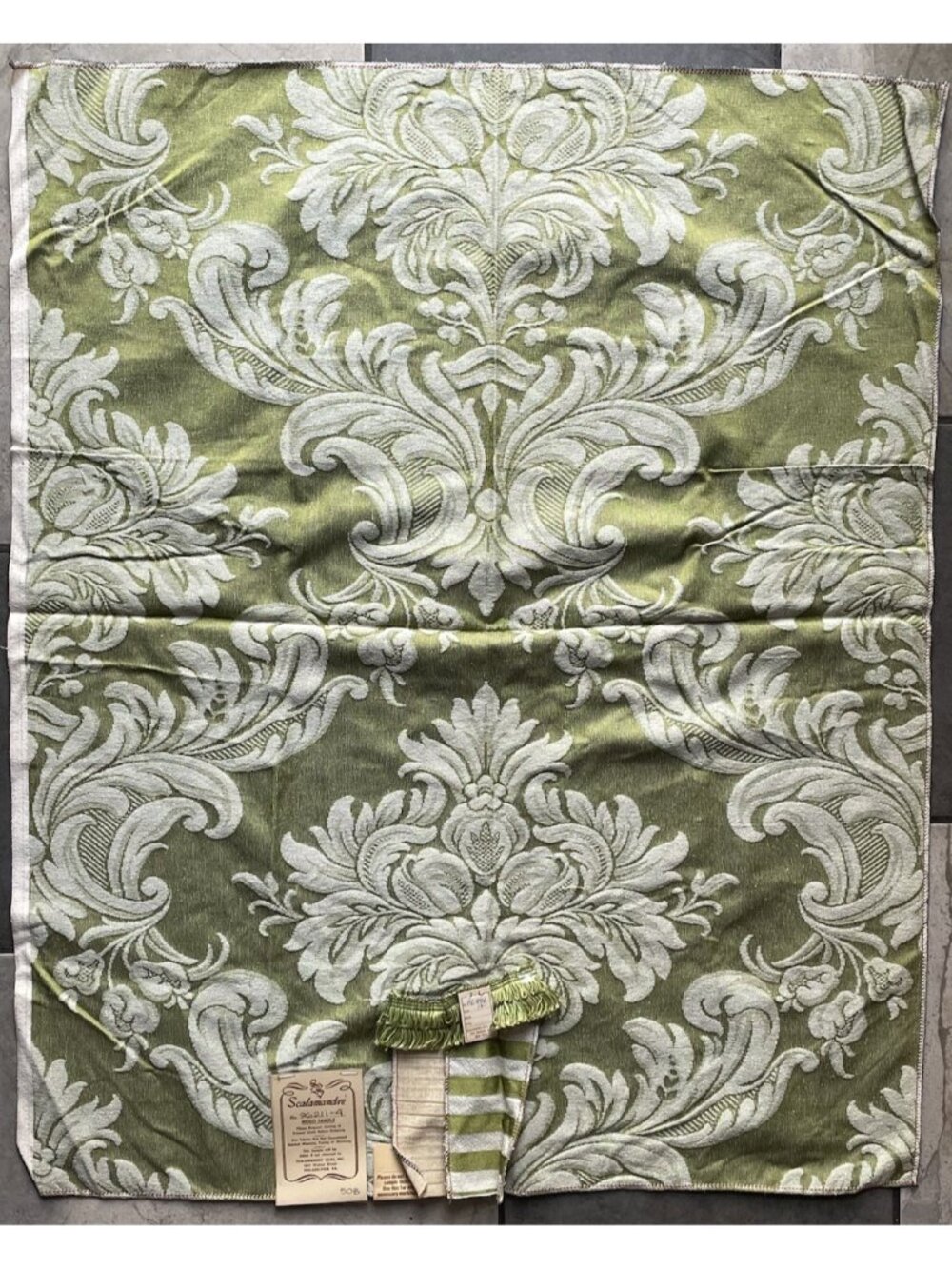 Olive Green Mid-Century Silk Rayon Damask Scalamandre Silks Sample Vintage Art